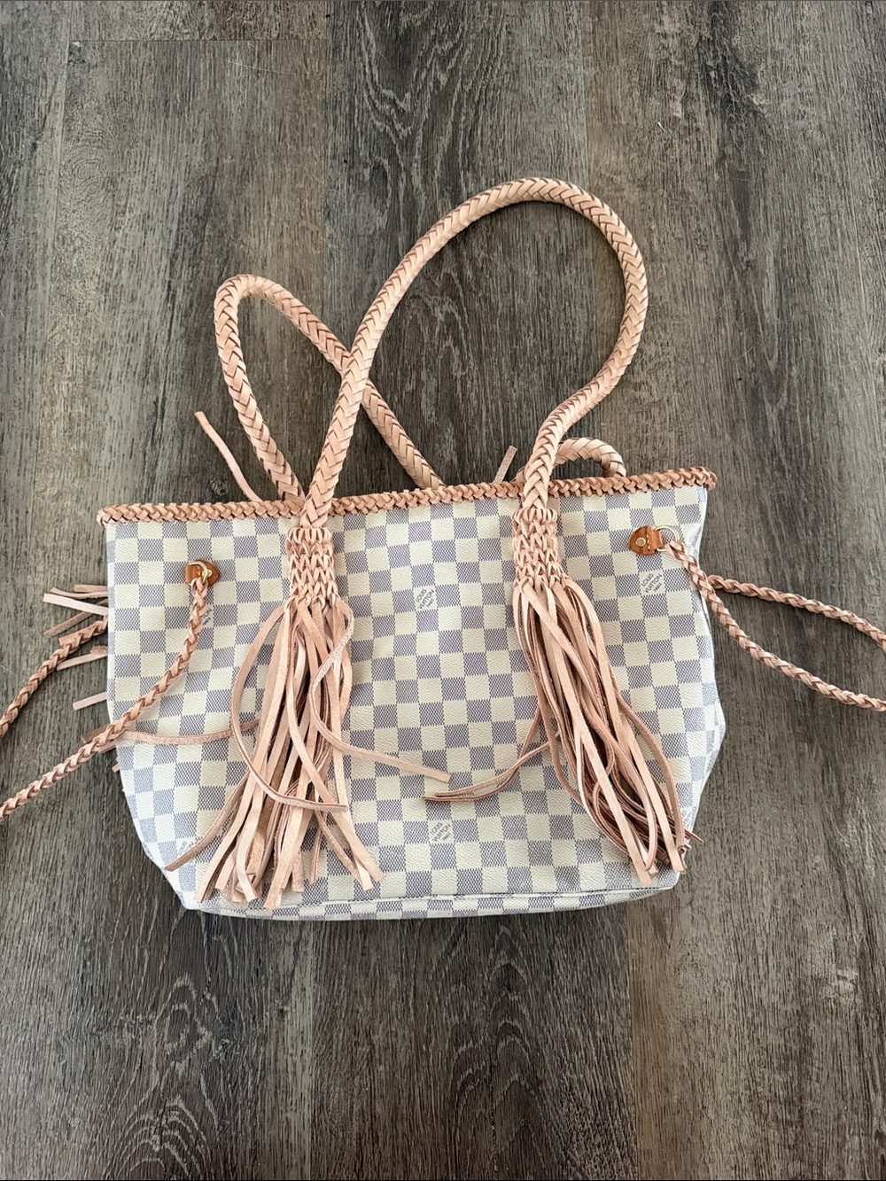 Vintage Boho Louis Vuitton Braided-Trim Check Canvas Tote Bag